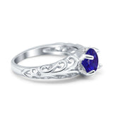 Art Deco Filigree Wedding Engagement Bridal Ring Round Simulated Blue Sapphire CZ 925 Sterling Silver