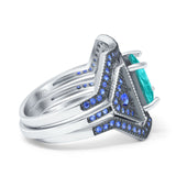 Three Piece Flower Princess Cut Wedding Ring Blue Sapphire Simulated Paraiba Tourmaline CZ 925 Sterling Silver