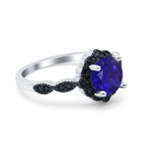 Flower Art Deco Wedding Ring Round Black Simulated Blue Sapphire CZ 925 Sterling Silver