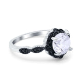 Flower Art Deco Wedding Ring Round Black Simulated Cubic Zirconia 925 Sterling Silver
