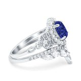 Wedding Band Bridal Ring Oval Accent Vintage Simulated Blue Sapphire CZ 925 Sterling Silver