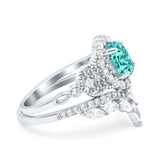 Wedding Band Bridal Ring Oval Accent Vintage Simulated Paraiba Tourmaline CZ 925 Sterling Silver