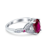 Oval Art Deco Wedding Ring Accent Vintage Simulated Ruby CZ 925 Sterling Silver