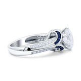 Split Shank Halo Oval Wedding Engagement Ring Blue Sapphire Simulated Cubic Zirconia 925 Sterling Silver