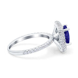 Halo Art Deco Cushion Cut Wedding Ring Simulated Blue Sapphire CZ 925 Sterling Silver