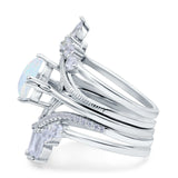 Trio Set Wedding Ring Three Piece Bridal Round Lab Created White Opal 925 Sterling Silver