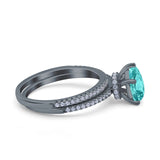 Two Piece Art Deco Pear Engagement Bridal Ring Band Black Tone, Simulated Paraiba Tourmaline CZ 925 Sterling Silver