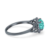 Celtic Halo Art Deco Wedding Ring Round Black Tone, Simulated Paraiba Tourmaline CZ 925 Sterling Silver