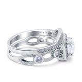 Two Piece Art Deco Wedding Ring Band Round Simulated Cubic Zirconia 925 Sterling Silver