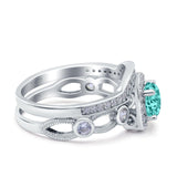 Two Piece Art Deco Wedding Ring Band Round Simulated Paraiba Tourmaline CZ 925 Sterling Silver