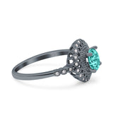 Halo Art Deco Wedding Ring Round Black Tone, Simulated Paraiba Tourmaline CZ 925 Sterling Silver