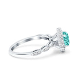 Vintage Art Deco Halo Oval Engagement Ring Simulated Paraiba Tourmaline CZ 925 Sterling Silver