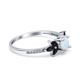 Art Deco Engagement Ring Simulated Black Round Lab Created White Opal 925 Sterling Silver