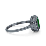 Halo Art Deco Oval Wedding Bridal Ring Black Tone, Simulated Green Emerald CZ 925 Sterling Silver