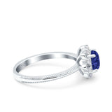 Halo Floral Style Art Deco Round Wedding Engagement Ring Simulated Blue Sapphire CZ 925 Sterling Silver