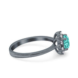 Halo Floral Style Art Deco Round Wedding Engagement Ring Black Tone, Simulated Paraiba Tourmaline CZ 925 Sterling Silver