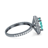 Halo Oval Art Deco Wedding Ring Black Tone, Simulated Paraiba Tourmaline CZ 925 Sterling Silver