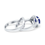 Two Piece Halo Ring Band Bridal Set Round Simulated Blue Sapphire CZ 925 Sterling Silver