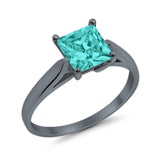 Solitaire Princess Black Tone, Simulated Paraiba Tourmaline CZ Wedding Ring 925 Sterling Silver