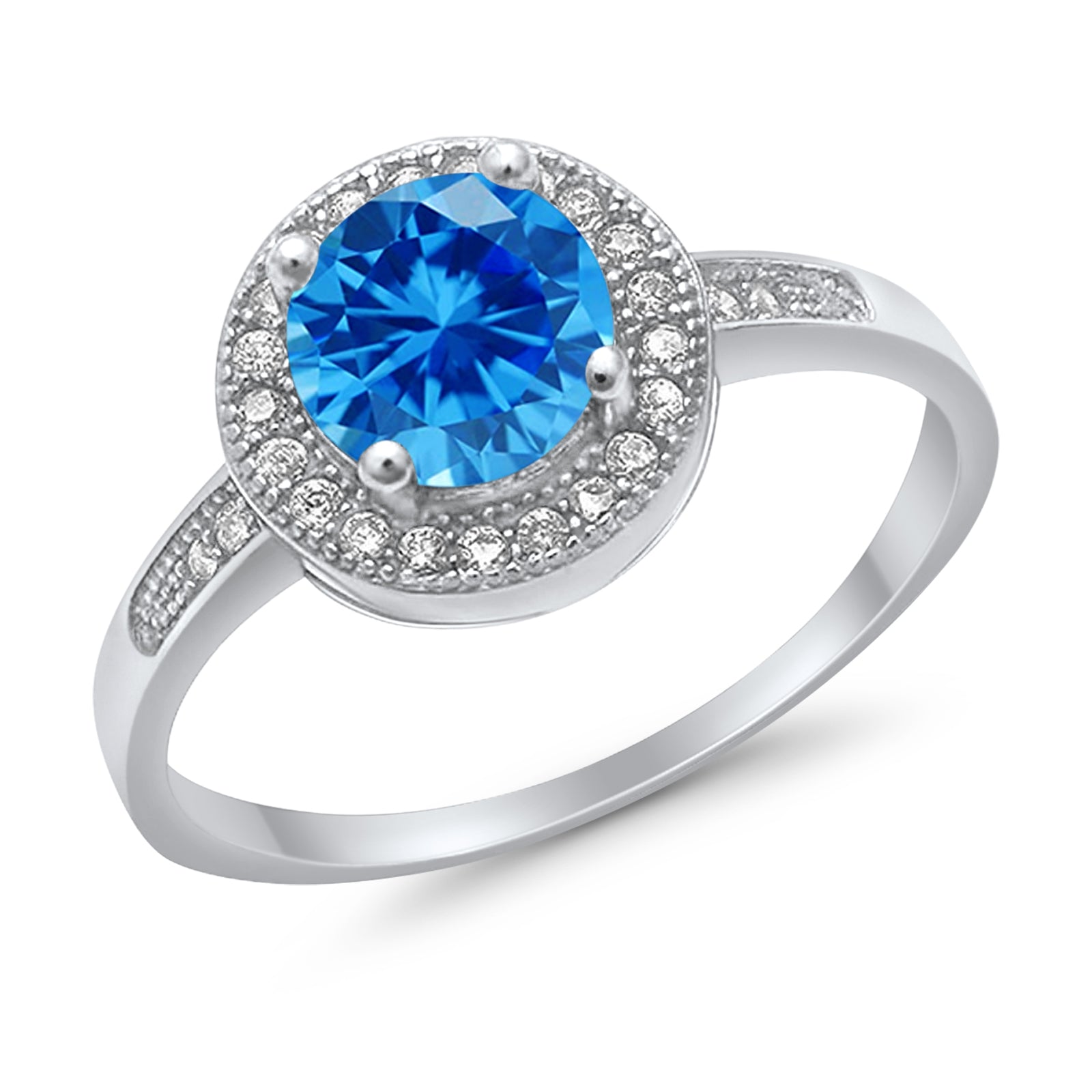 Halo Wedding Ring Round Simulated Blue Topaz CZ 925 Sterling Silver