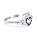 Heart Claddagh Art Deco Wedding Ring Simulated Black CZ 925 Sterling Silver