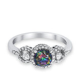 Halo Wedding Ring Round Simulated Rainbow CZ 925 Sterling Silver