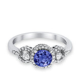 Halo Wedding Ring Round Simulated Tanzanite CZ 925 Sterling Silver