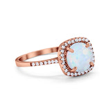 Halo Wedding Ring Round Rose Tone, Lab Created White Opal 925 Sterling Silver