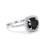 Halo Wedding Engagement Ring Round Simulated Black CZ 925 Sterling Silver