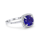 Halo Wedding Engagement Ring Round Simulated Blue Sapphire CZ 925 Sterling Silver