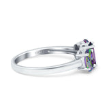 Three Stone Engagement Ring Oval Cut Rainbow Simulated Rainbow CZ 925 Sterling Silver