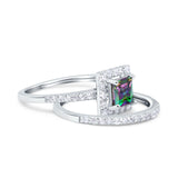 Two Piece Halo Ring Band Bridal Set Princess Cut Simulated Rainbow CZ 925 Sterling Silver