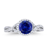 Halo Twisted Engagement Ring Simulated Blue Sapphire CZ 925 Sterling Silver