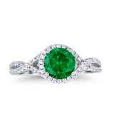 Halo Twisted Engagement Ring Simulated Green Emerald CZ 925 Sterling Silver