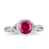 Halo Twisted Engagement Ring Simulated Ruby CZ 925 Sterling Silver