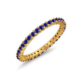 Full Eternity Wedding Band Round Yellow Tone, Simulated Blue Sapphire CZ Ring 925 Sterling Silver
