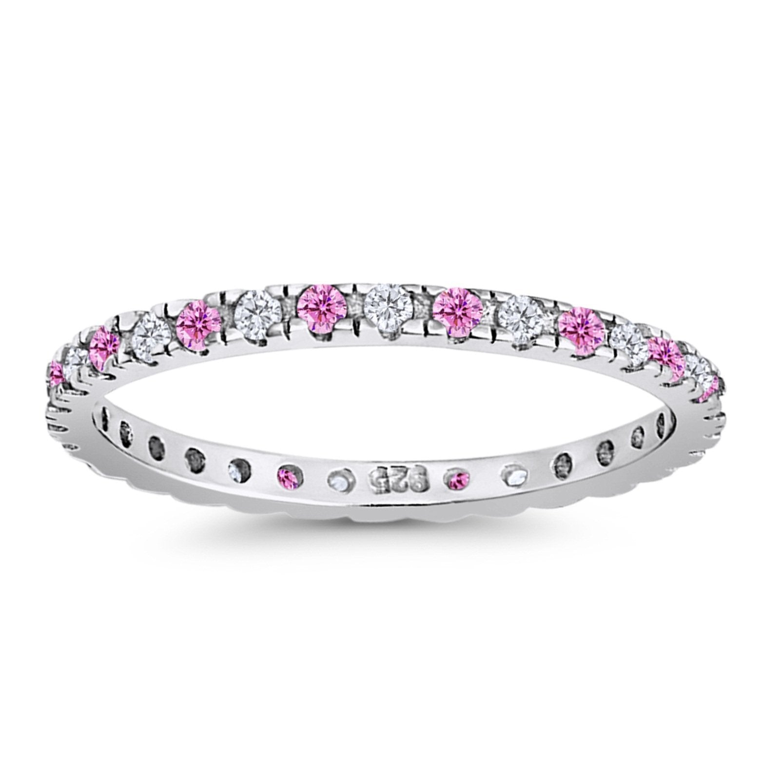 Stackable Ring Round Eternity Simulated Pink & Clear CZ 925 Sterling Silver