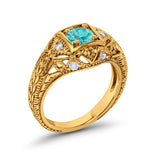 Antique Style Engagement Ring Yellow Tone, Simulated Paraiba Tourmaline CZ 925 Sterling Silver