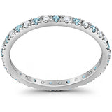 Full Eternity Wedding Design Ring Round Simulated Aquamarine CZ 925 Sterling Silver