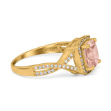 Halo Infinity Shank Engagement Ring Cushion Yellow Tone, Simulated Morganite CZ 925 Sterling Silver