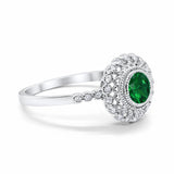 Halo Engagement Ring Bezel Round Simulated Green Emerald CZ 925 Sterling Silver