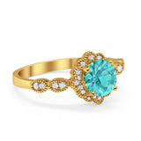 Floral Wedding Ring Round Yellow Tone, Simulated Paraiba Tourmaline CZ 925 Sterling Silver