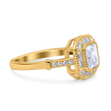 Art Deco Cushion Engagement Bezel Ring Yellow Tone, Simulated CZ Solid 925 Sterling Silver