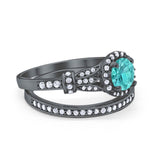 Two Piece Wedding Promise Ring Black Tone, Simulated Paraiba Tourmaline CZ 925 Sterling Silver