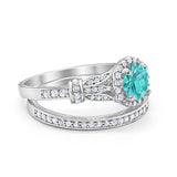 Two Piece Wedding Promise Ring Simulated Paraiba Tourmaline CZ 925 Sterling Silver