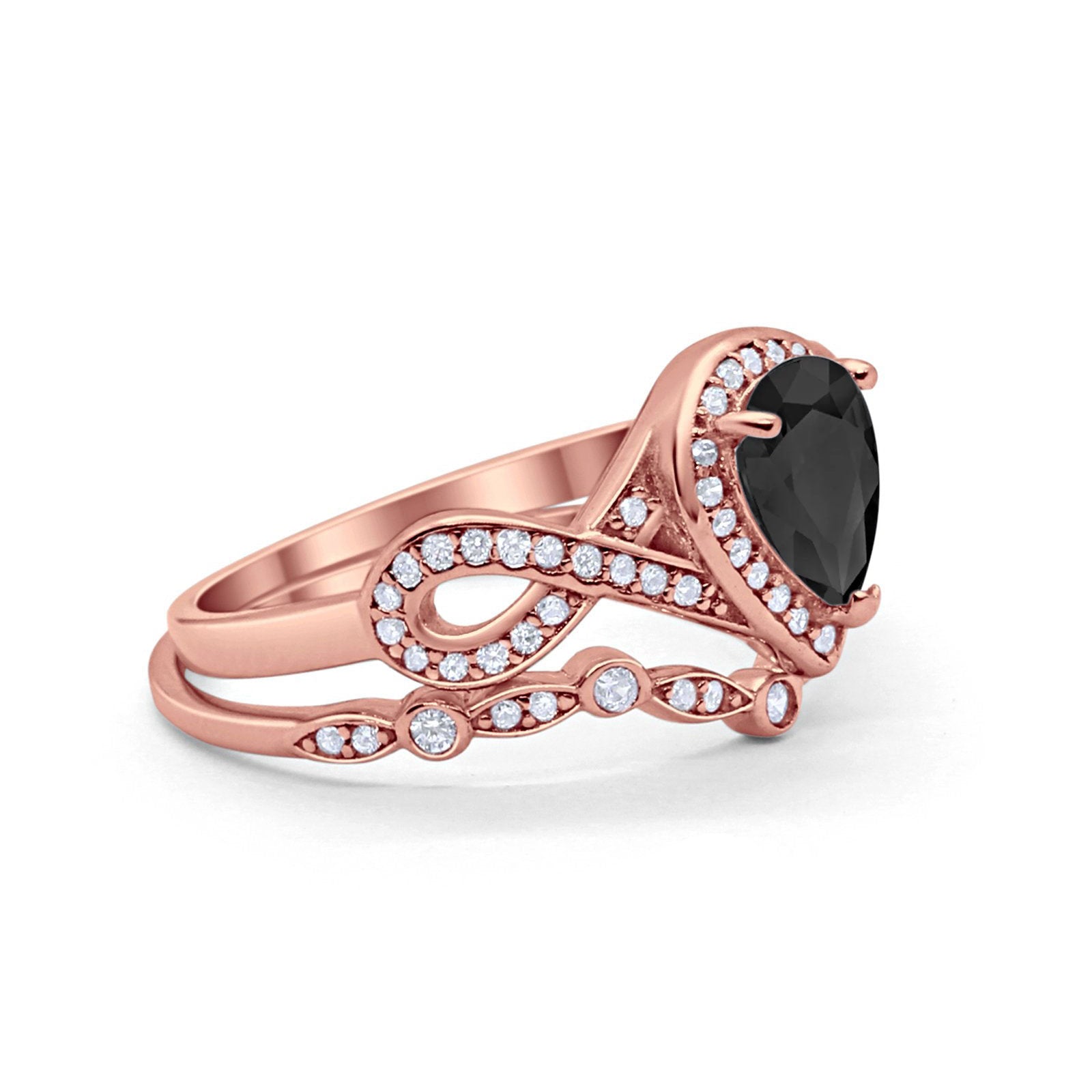 Teardrop Wedding Ring Piece Band Rose Tone, Simulated Black CZ 925 Sterling Silver