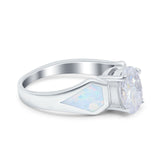 Three Stone Oval Art Deco Created White Opal Wedding Ring Simulated Cubic Zirconia 925 Sterling Silver