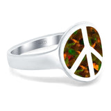 Peace Sign Ring Inlay Round Lab Created Black Opal 925 Sterling Silver