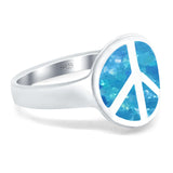 Peace Sign Ring Inlay Round Lab Created Blue Opal 925 Sterling Silver