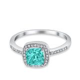 Halo Accent Engagement Ring Simulated Paraiba Tourmaline CZ 925 Sterling Silver